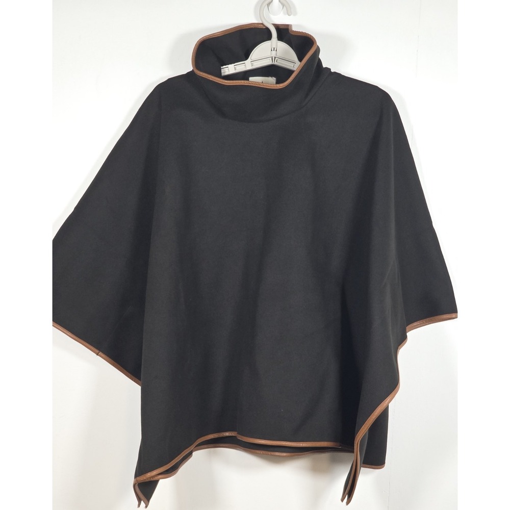 Tuckernuck Womens OS Piper Poncho Black Tan Trim Funnel Neck Cape Cozy Warm
